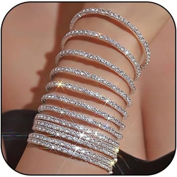 Crystal Stretch Bracelets Set Women Silver Gold Rhinestone Stackable Cuff - Picture 1 of 7